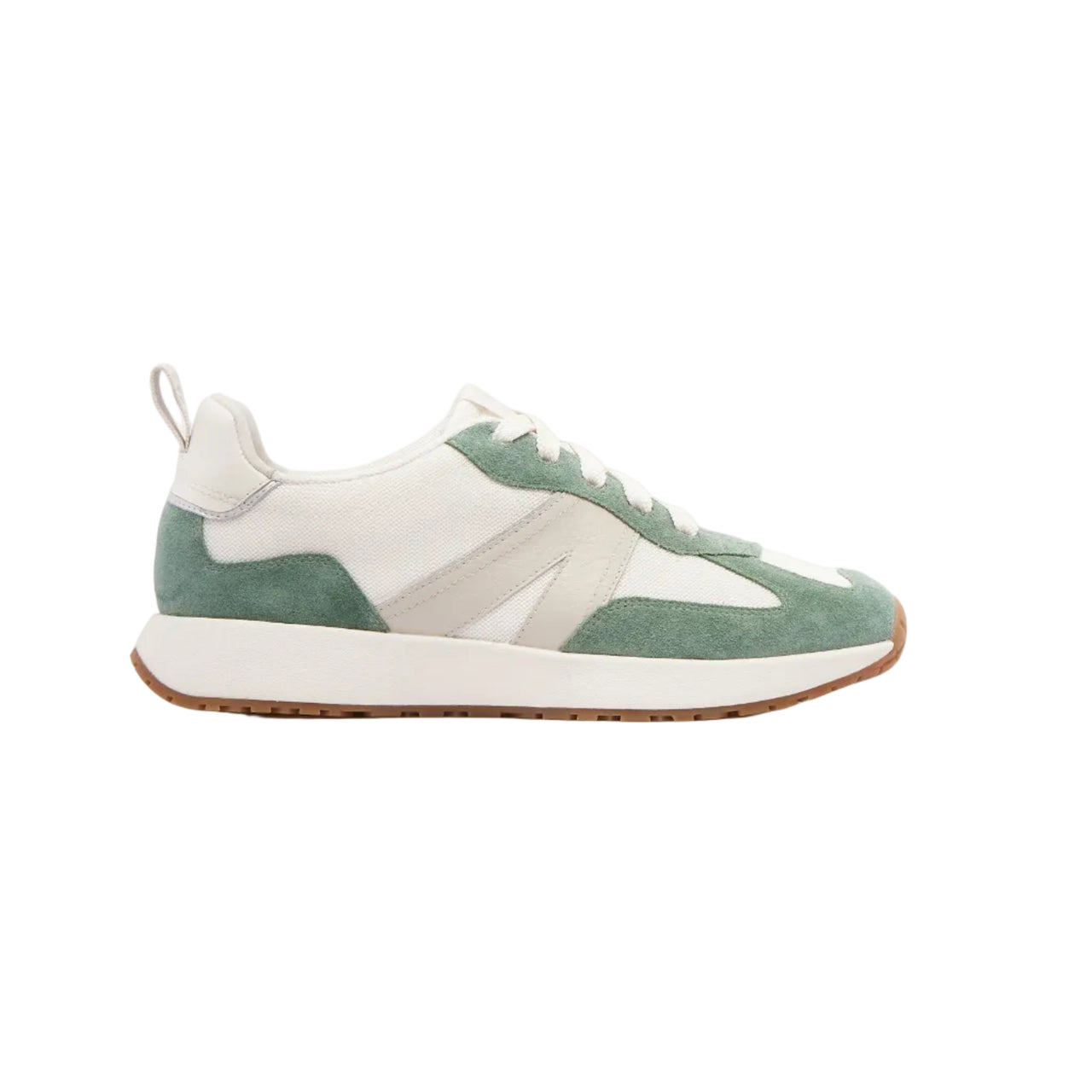 A low-top sneaker in white and sage green suede, shown from the side against a plain off-white background.
