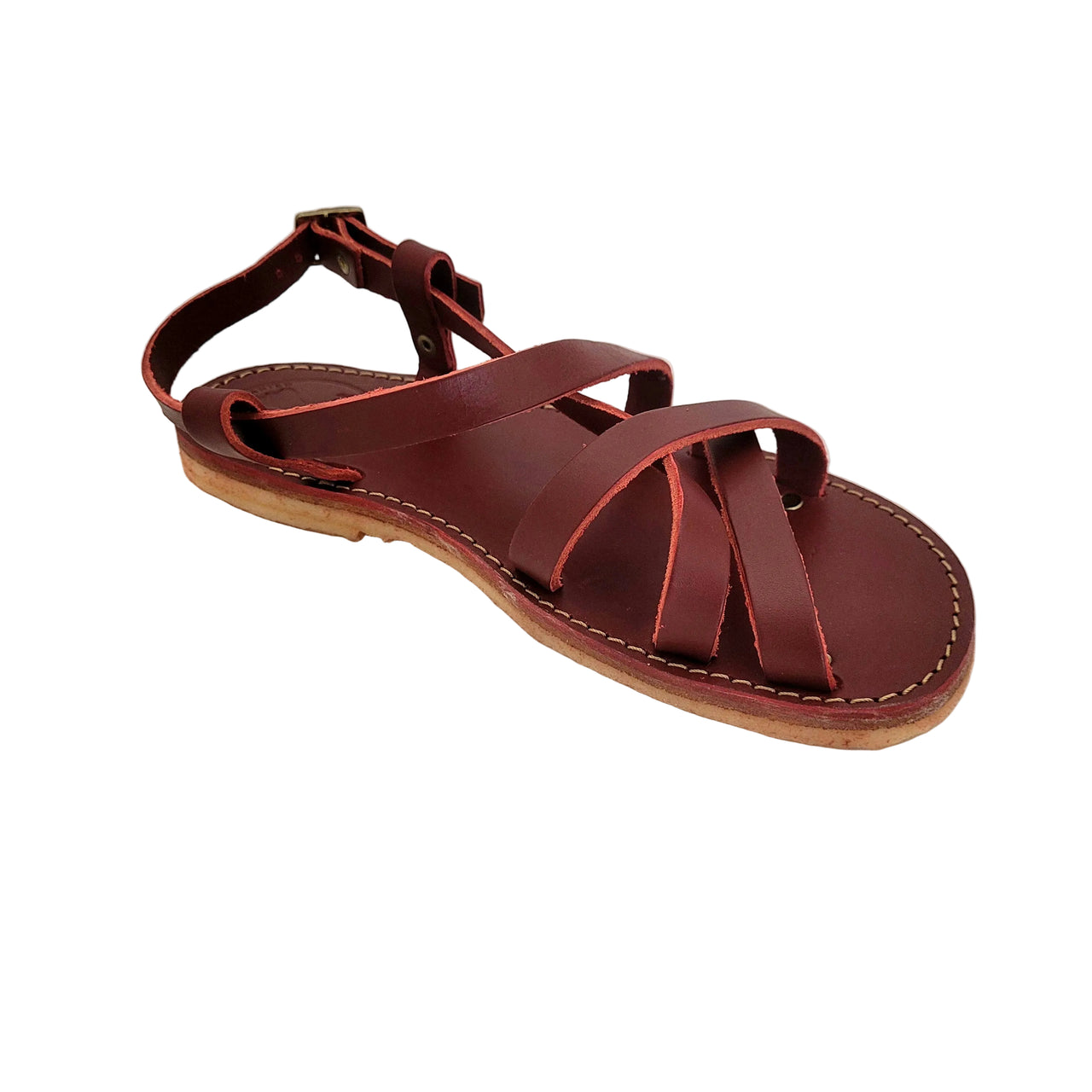 Angled rear-to-front view of the Duckfeet Bornholm sandal in Granate leather on a white background