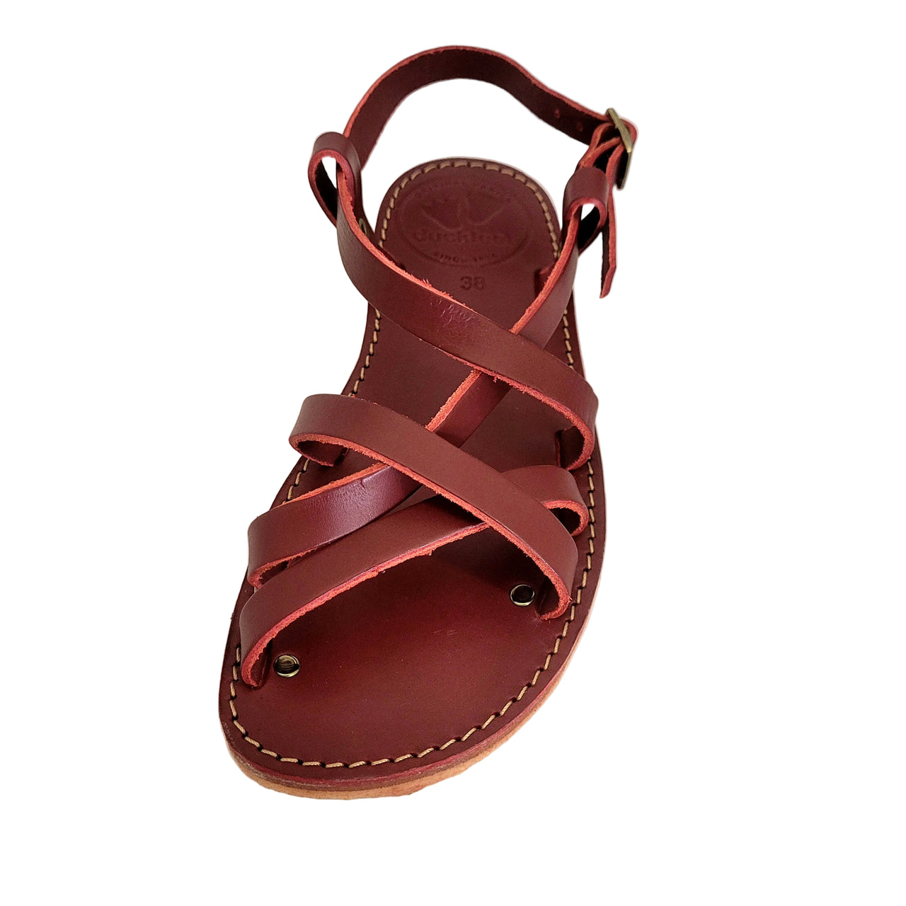 Front-on top view of the Duckfeet Bornholm sandal showing criss-cross leather straps and open toe