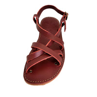 Front-on top view of the Duckfeet Bornholm sandal showing criss-cross leather straps and open toe