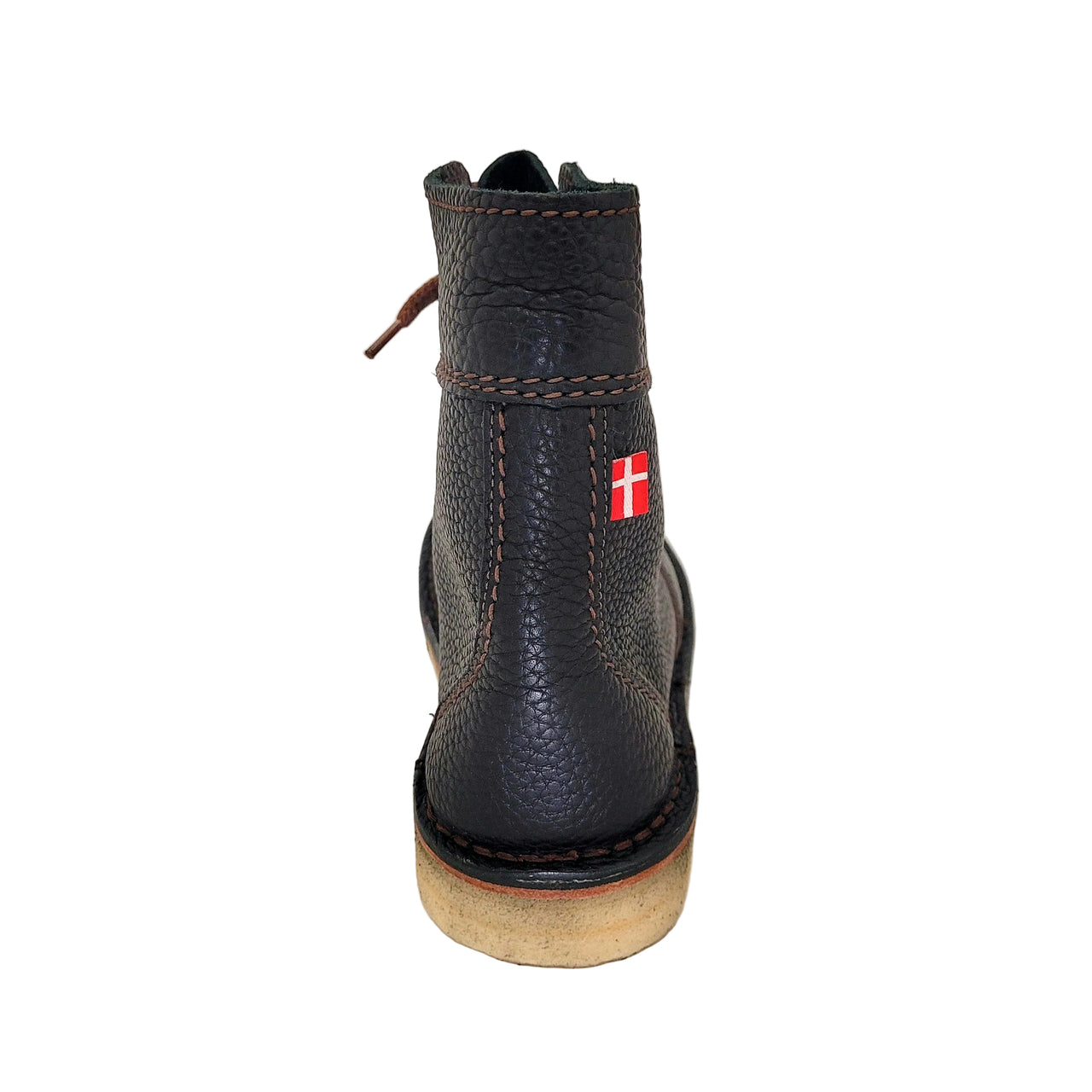 Back view of Duckfeet Sonderborg black leather boot with Danish flag tab at the heel