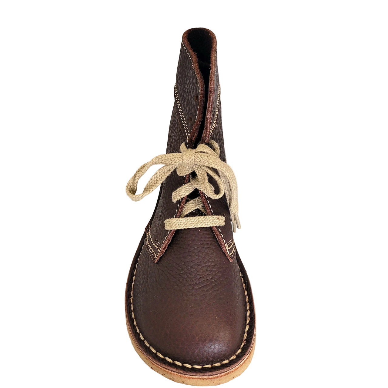 Top-down view of the chocolate leather Duckfeet Sonderburg boot showing the round toe and tied cream laces