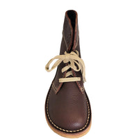 Top-down view of the chocolate leather Duckfeet Sonderburg boot showing the round toe and tied cream laces