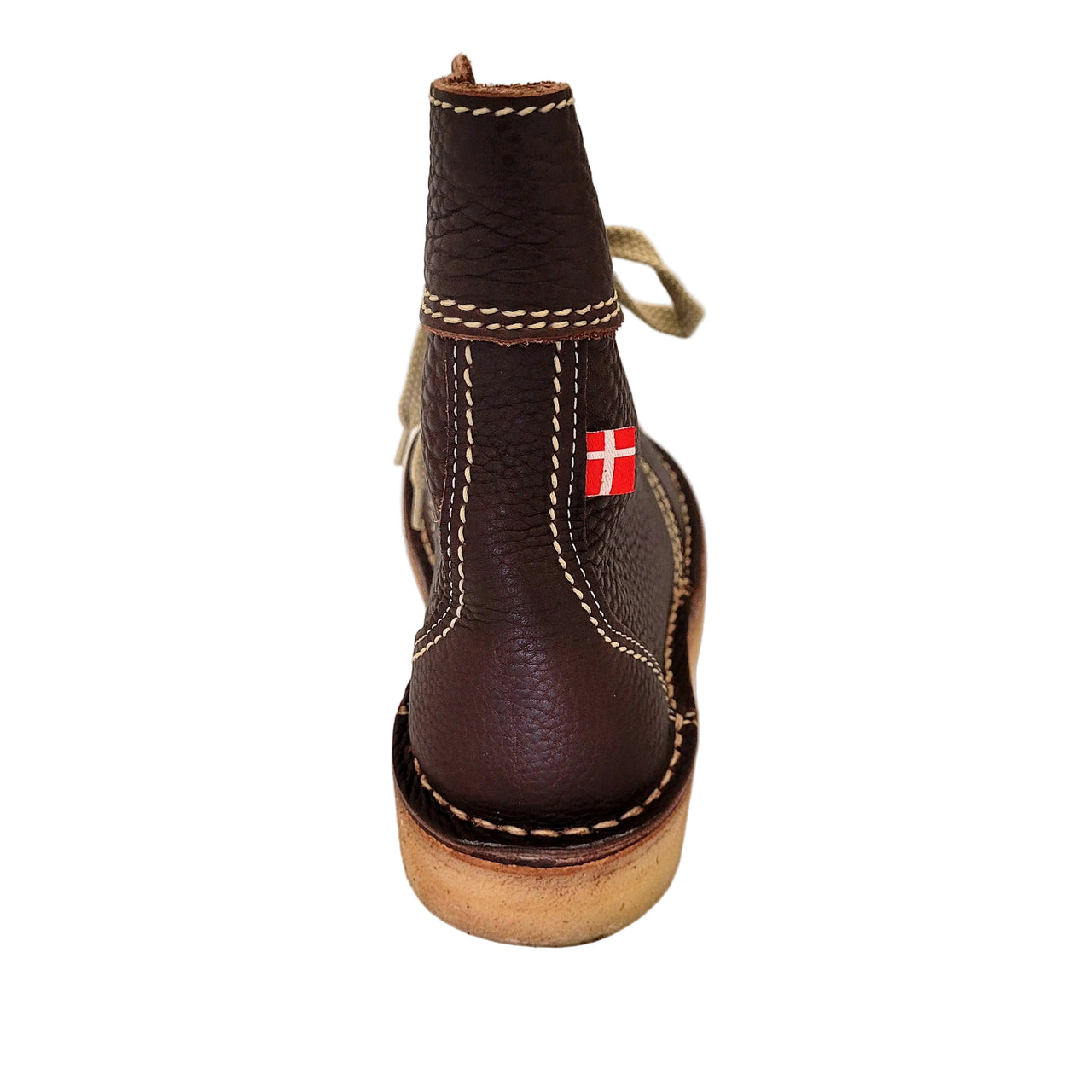 Back view of the chocolate leather Duckfeet boot showing heel stitching and small Danish flag tab