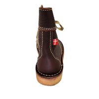 Back view of the chocolate leather Duckfeet boot showing heel stitching and small Danish flag tab