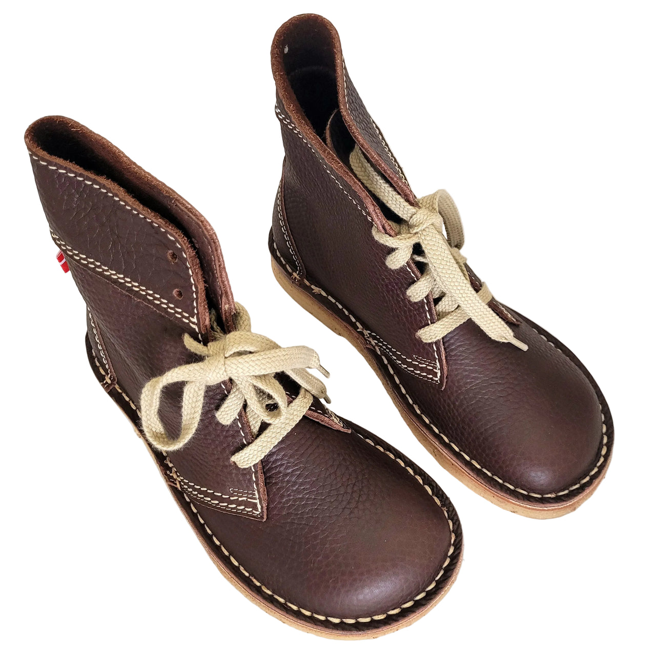 Pair of Duckfeet Sonderburg boots in chocolate leather shown from above at an angle