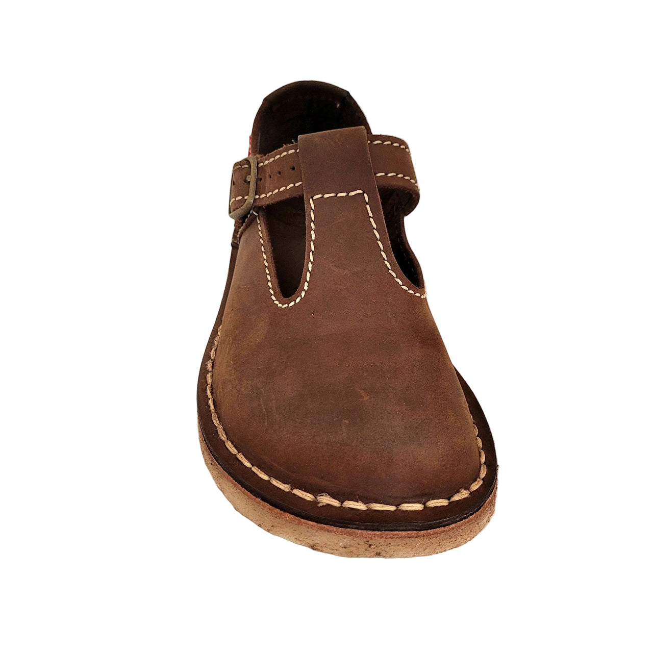 Front-on view of the Duckfeet Lolland cocoa leather Mary Jane showing the rounded toe and T-bar strap