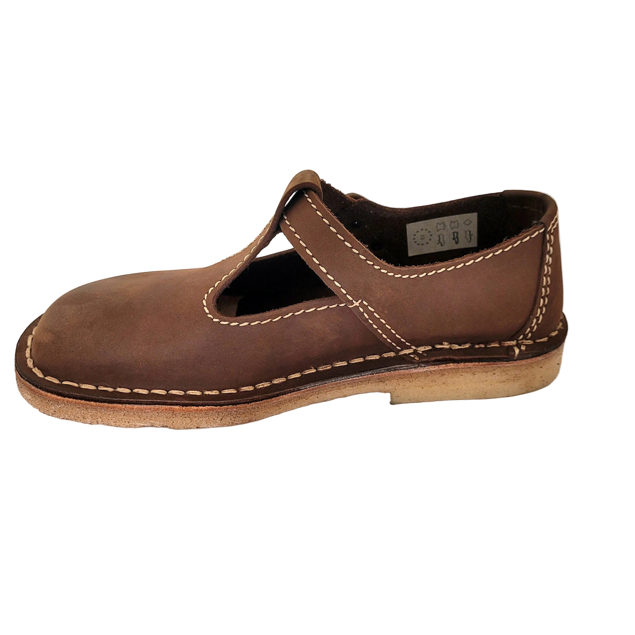 Side profile of the Duckfeet Lolland cocoa leather Mary Jane with flat natural sole and low heel block