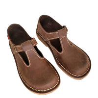 Pair of Duckfeet Lolland cocoa leather Mary Janes viewed from above, showing T-bar straps and broad rounded toes