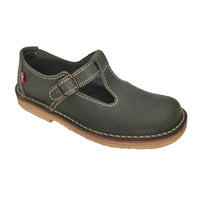 Green leather Duckfeet Lolland Mary Jane, angled side view showing T-bar strap, buckle and cream stitching