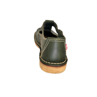 Back view of a green leather Duckfeet Lolland Mary Jane, showing stitched heel and pale sole