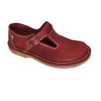 Duckfeet Lolland Mary Jane in red Granate leather, angled side view showing buckled T-bar strap and pale sole