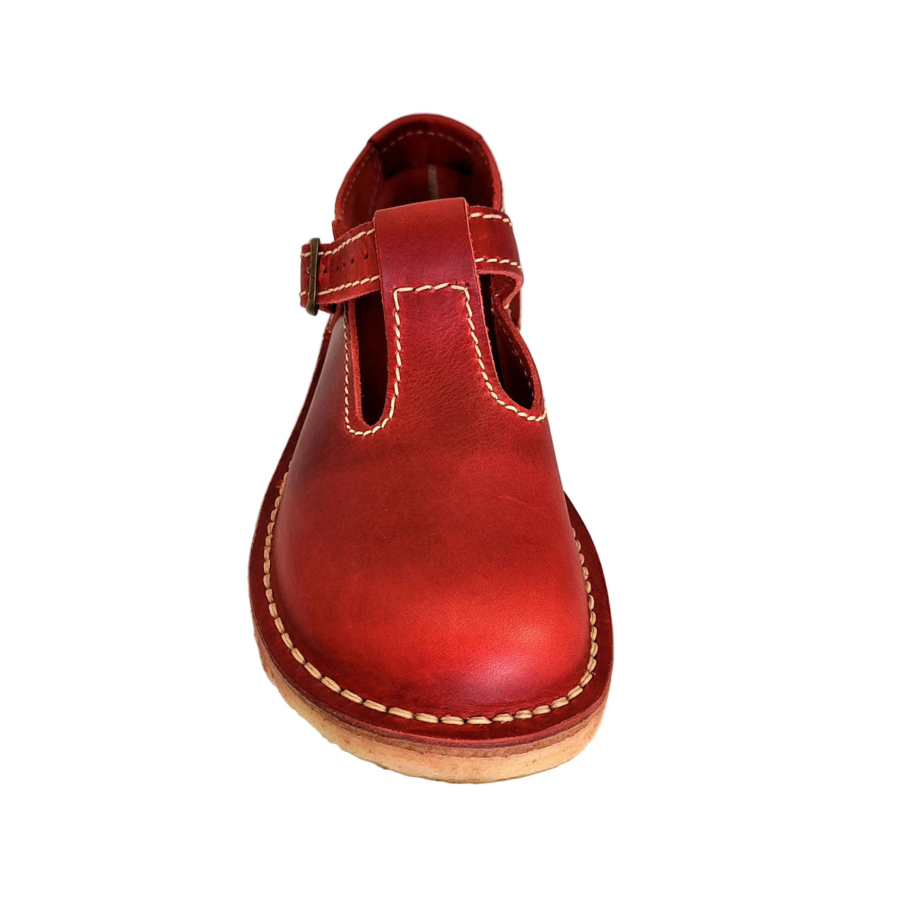 Front view of red leather Duckfeet Lolland Mary Jane showing rounded toe and buckled strap