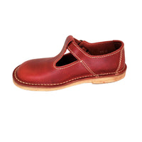 Side profile of red leather Duckfeet Lolland Mary Jane with T-bar strap and cream contrast stitching