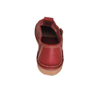 Back view of red leather Duckfeet Lolland Mary Jane showing stitched heel panel and pale natural sole