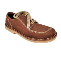 Duckfeet Svendborg shoe in Nut leather, angled side view showing contrast stitching and printed Duckfeet laces