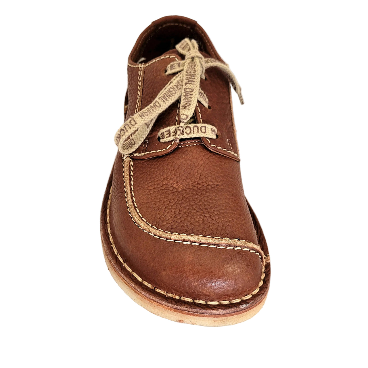 Front-on view of the Duckfeet Svendborg shoe in Nut leather, showing the rounded toe and cream stitching
