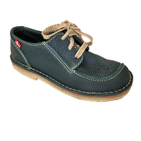 Duckfeet Svendborg green leather lace-up shoe, angled side view with cream stitching and pale flat sole