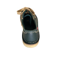 Back view of a green leather Duckfeet Svendborg shoe showing heel stitching and natural sole edge