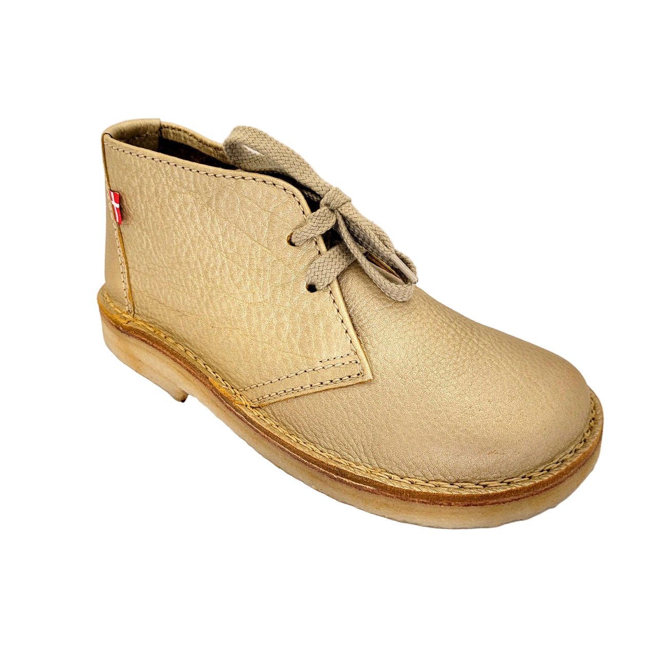 Gold leather Duckfeet Helsingor ankle boot, angled front view showing laces and rounded toe