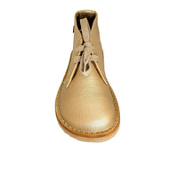 Front-on view of a gold leather Duckfeet Helsingor boot showing the wide rounded toe