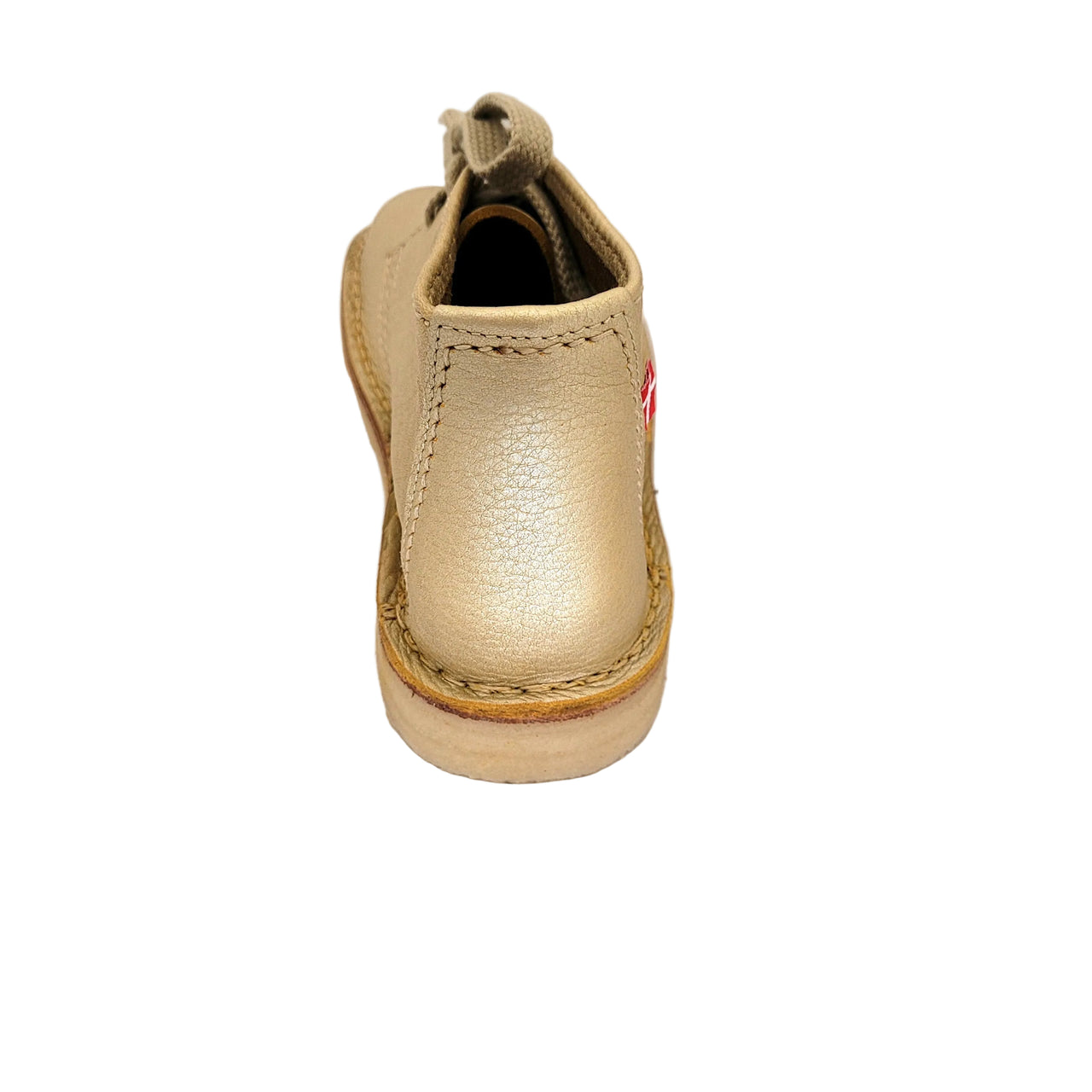 Back view of a gold leather Duckfeet Helsingor boot showing the heel and red Danish flag tab