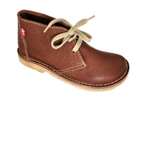 Duckfeet Helsingor ankle boot in nut brown leather, angled side view with cream laces and pale sole