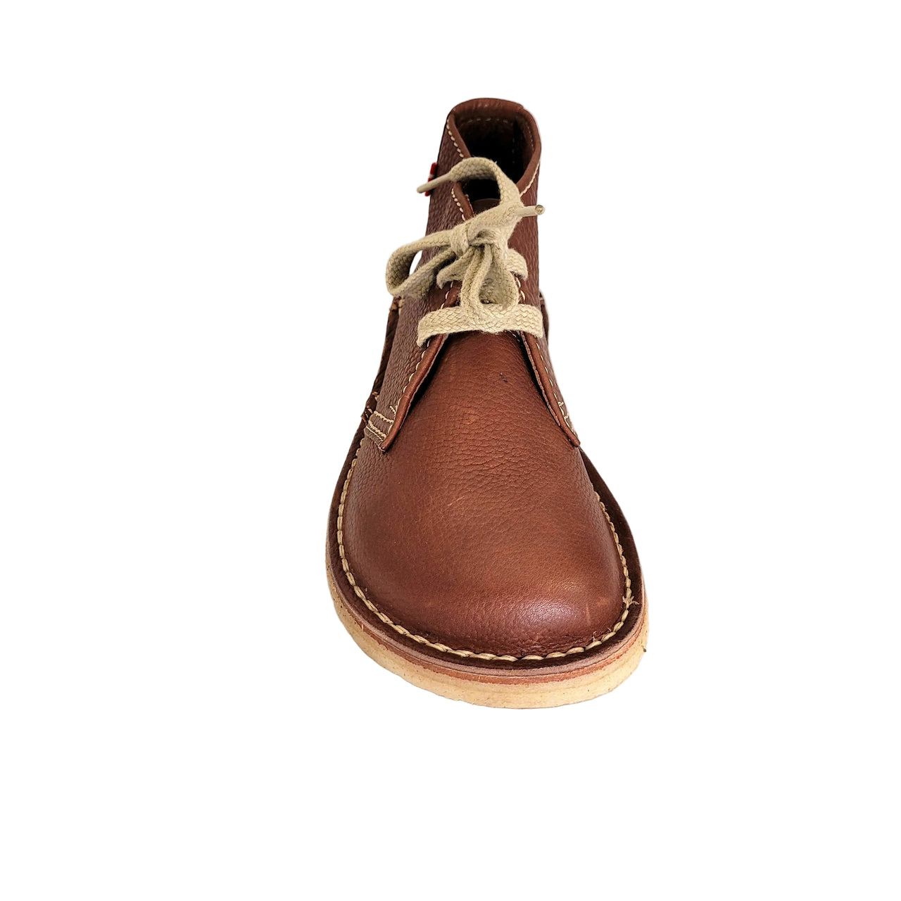 Front view of Duckfeet Helsingor nut leather boot showing broad rounded toe and tied laces