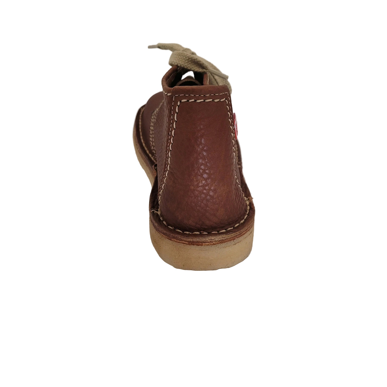 Rear view of Duckfeet Helsingor nut leather boot showing stitched heel panel and pale sole