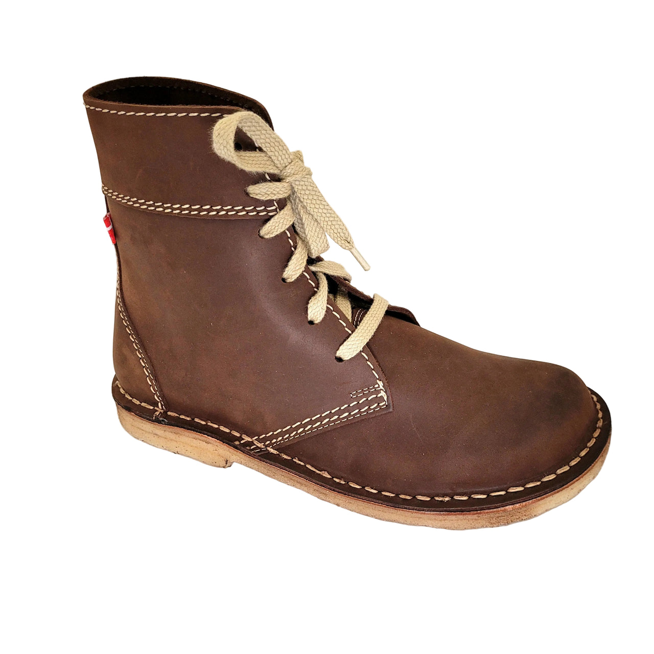 Duckfeet Faborg cocoa leather boot, angled side view showing cream laces and contrast stitching