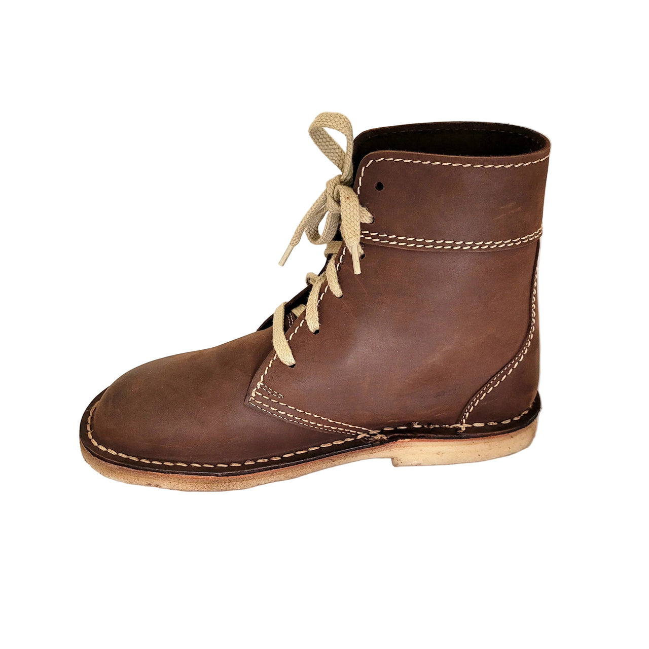 Side profile of Duckfeet Faborg cocoa leather boot with flat pale sole