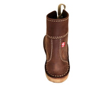 Back view of Duckfeet Faborg cocoa boot with red and white flag tab and lace pull loop
