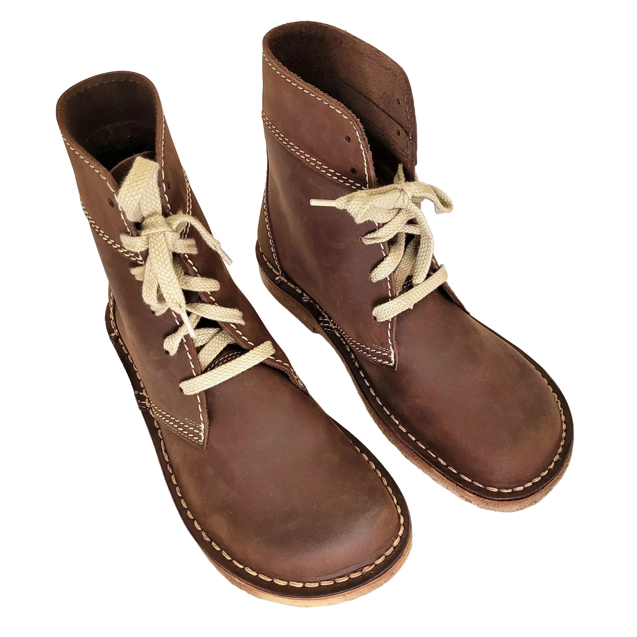 Pair of Duckfeet Faborg cocoa leather boots, three-quarter top view showing rounded toes