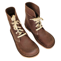 Pair of Duckfeet Faborg cocoa leather boots, three-quarter top view showing rounded toes