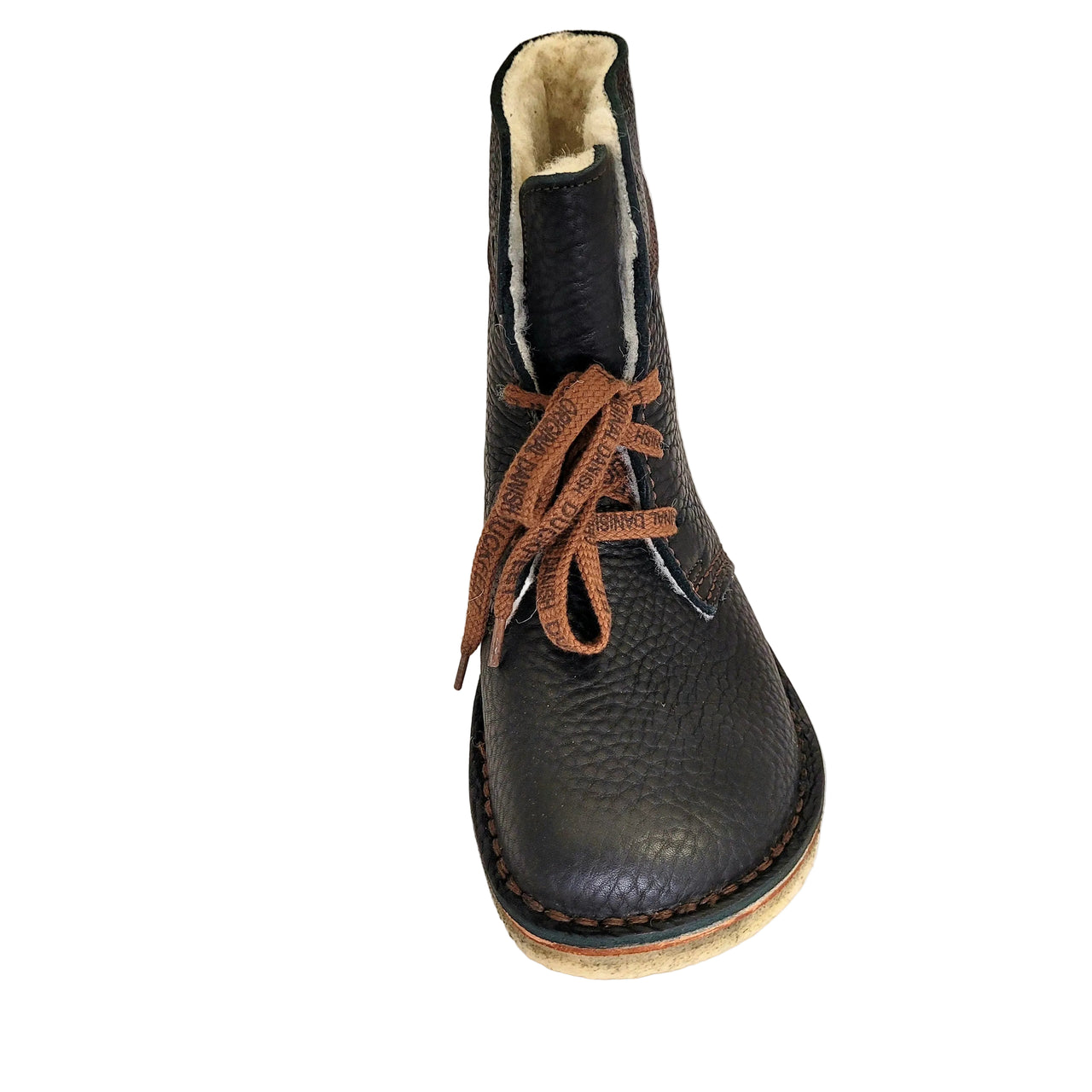 Duckfeet Skanderborg black leather boot viewed from the front, showing rounded toe and brown laces