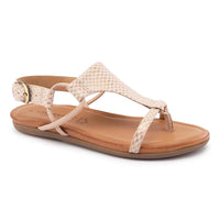 Beige sandal with woven straps on a white background