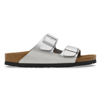 Silver Birko-Flor Arizona sandal, side profile showing both straps, contoured footbed and treaded dark outsole