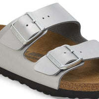 Close-up of the silver Arizona straps and Birkenstock-branded metal pin buckles