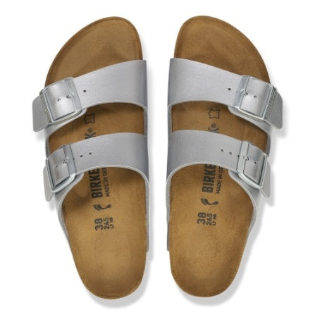 Top-down view of the silver Arizona pair showing the suede-look footbed with size 38 and Made in Germany imprint